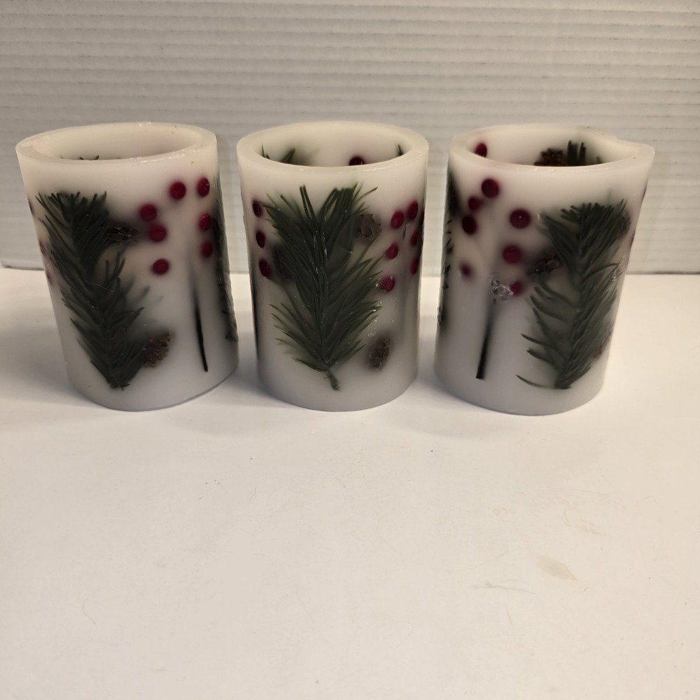 Set Of Three Flameless LED Wax Pillar Candle Berries &‎ Cedar Botanicals